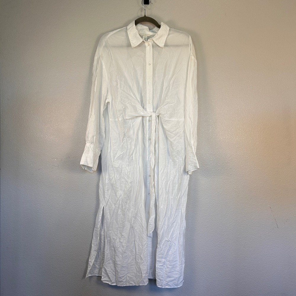 H&M White Long Sleeve Front Knot Midi Shirt Dress Small 1027792 5